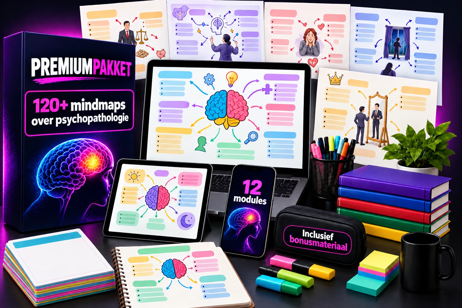 Visualisatie van het Premium Pakket met alle mindmaps en bonussen